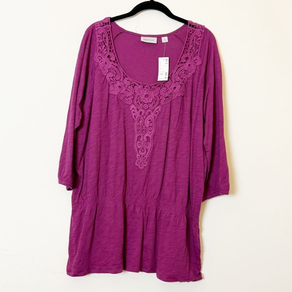 Avenue Boho Peasant Top Raspberry Crochet Trim Scoop Neck Smocked Waist, 18/20